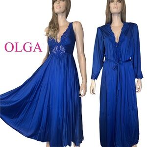 Olga Cobalt Blue Lingerie Set Negligee Full Sweep Nightgown Robe Lace Vtg 80s